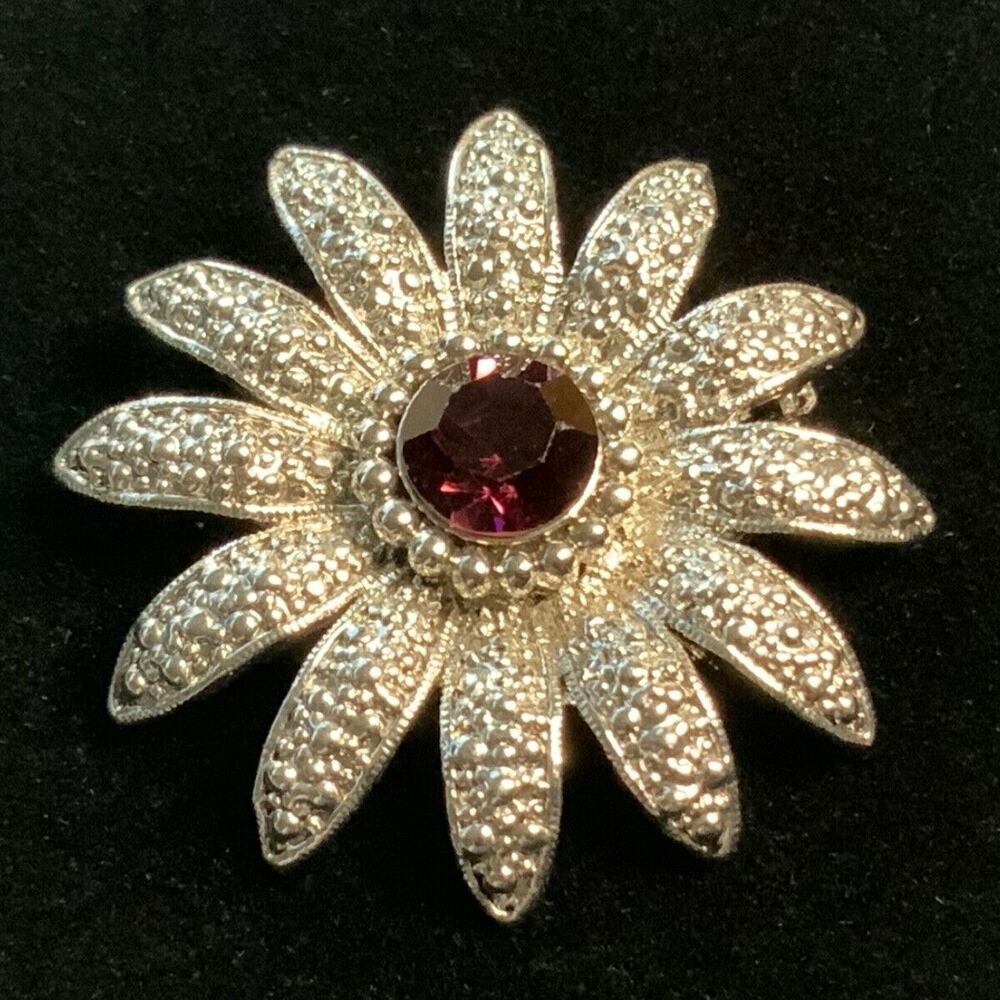 Sunflower ST Diamond Cut Brooch With Amethyst Colored Rhinestone Center